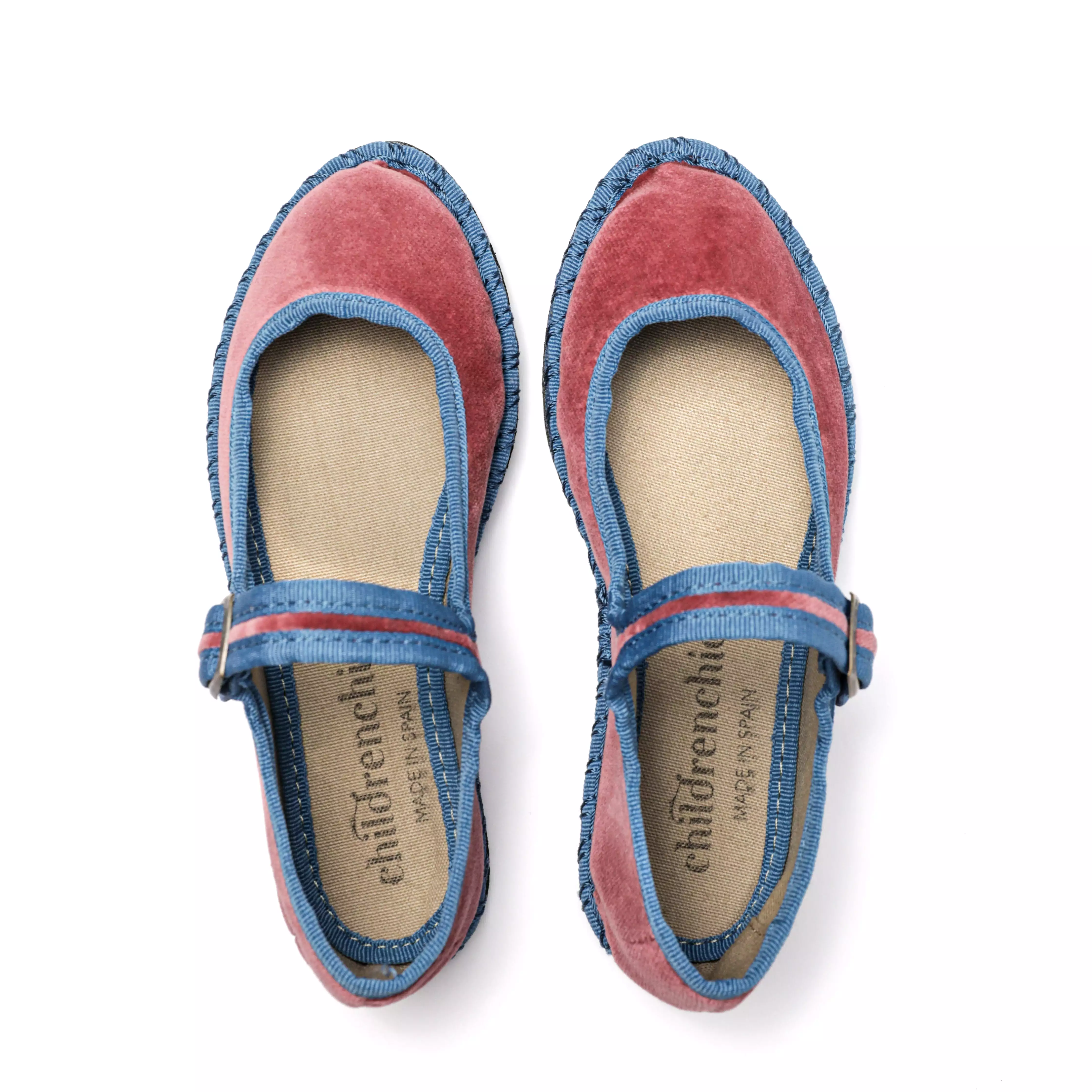 Velvet Contrast Mary Janes in Rose and Blue