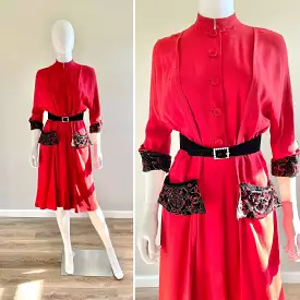 Vintage 1950s Red Rayon Dress / 50s holiday dress Size M