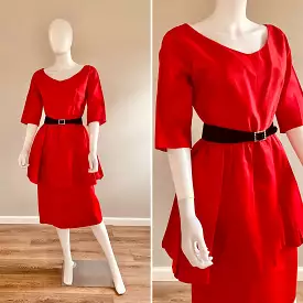 Vintage 1950s Red Wiggle Dress / 50s Holiday Dress / 1950s Party Dress with Peplum / Size M