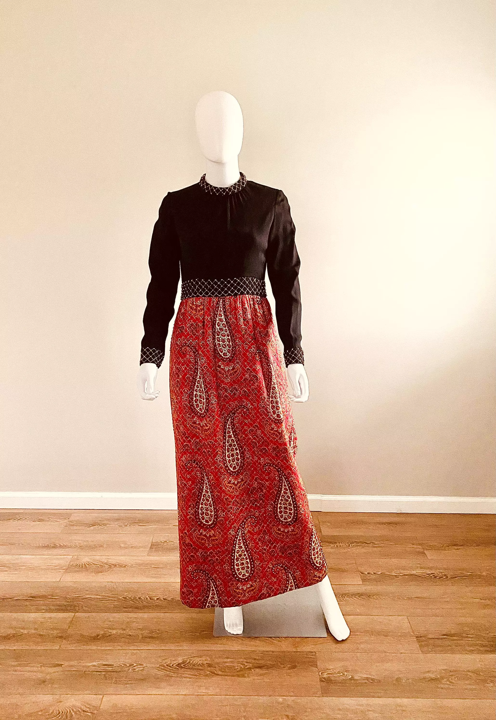 Vintage 1970s Studded Maxi Dress / 70s Donald Brooks Dress / 70s Holiday Dress / Size S