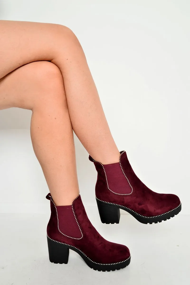 Wine Faux Suede Stud Trim Chunky Chelsea Boots - Leana