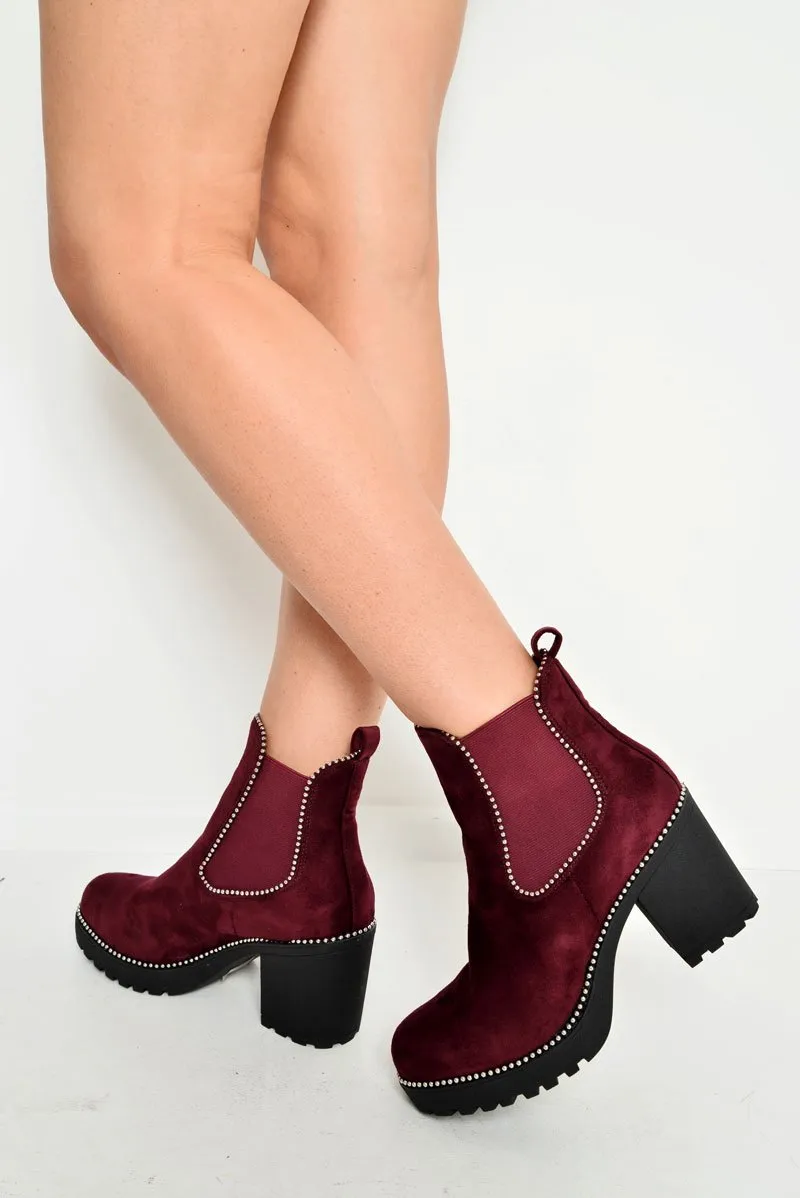 Wine Faux Suede Stud Trim Chunky Chelsea Boots - Leana