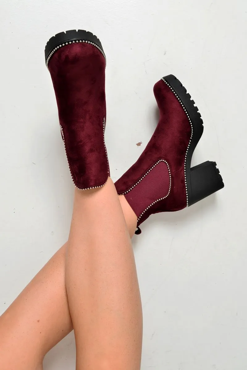 Wine Faux Suede Stud Trim Chunky Chelsea Boots - Leana