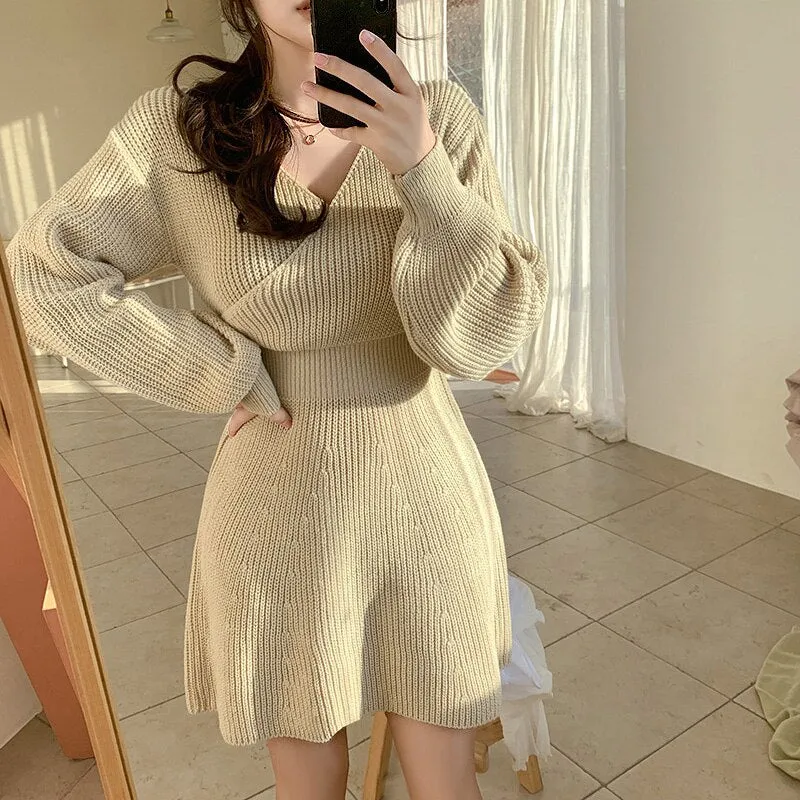 Winter Casual Sweater Dress Crossover V Neck Long Sleeve Knitted Short Mini Dress