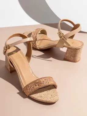 Women Rose Gold Embellished Cork Block Heels With Backstrap