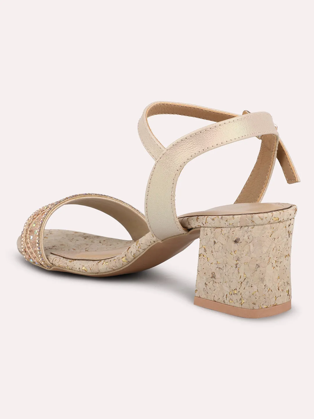 Women Rose Gold Embellished Cork Block Heels With Backstrap