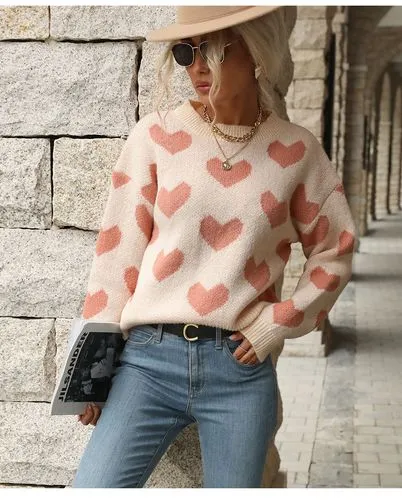 Women's Sweater Long Sleeve Sweaters & Cardigans Jacquard Casual Heart Shape