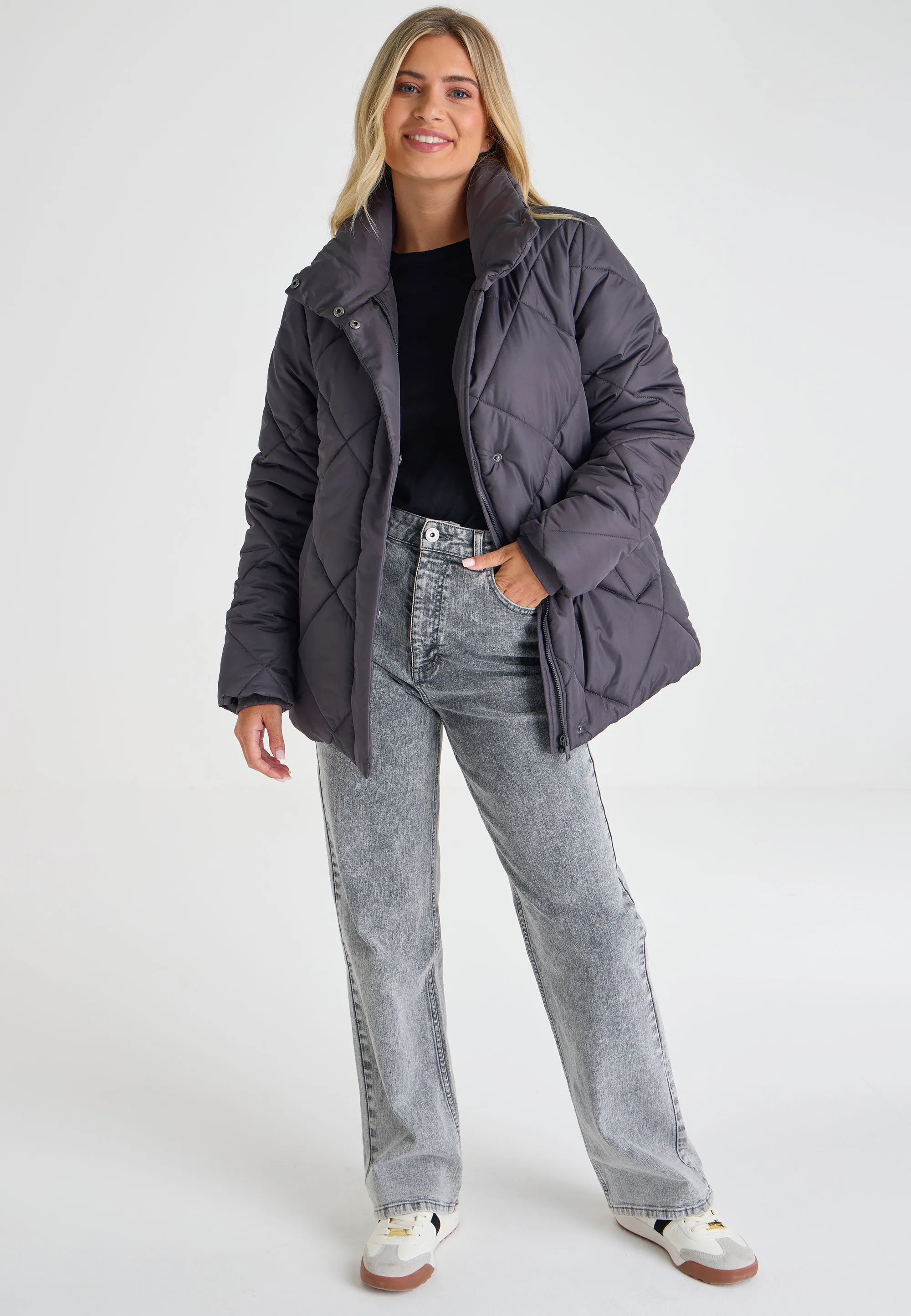 Womens Grey Diamond Quilted Mid Length Coat