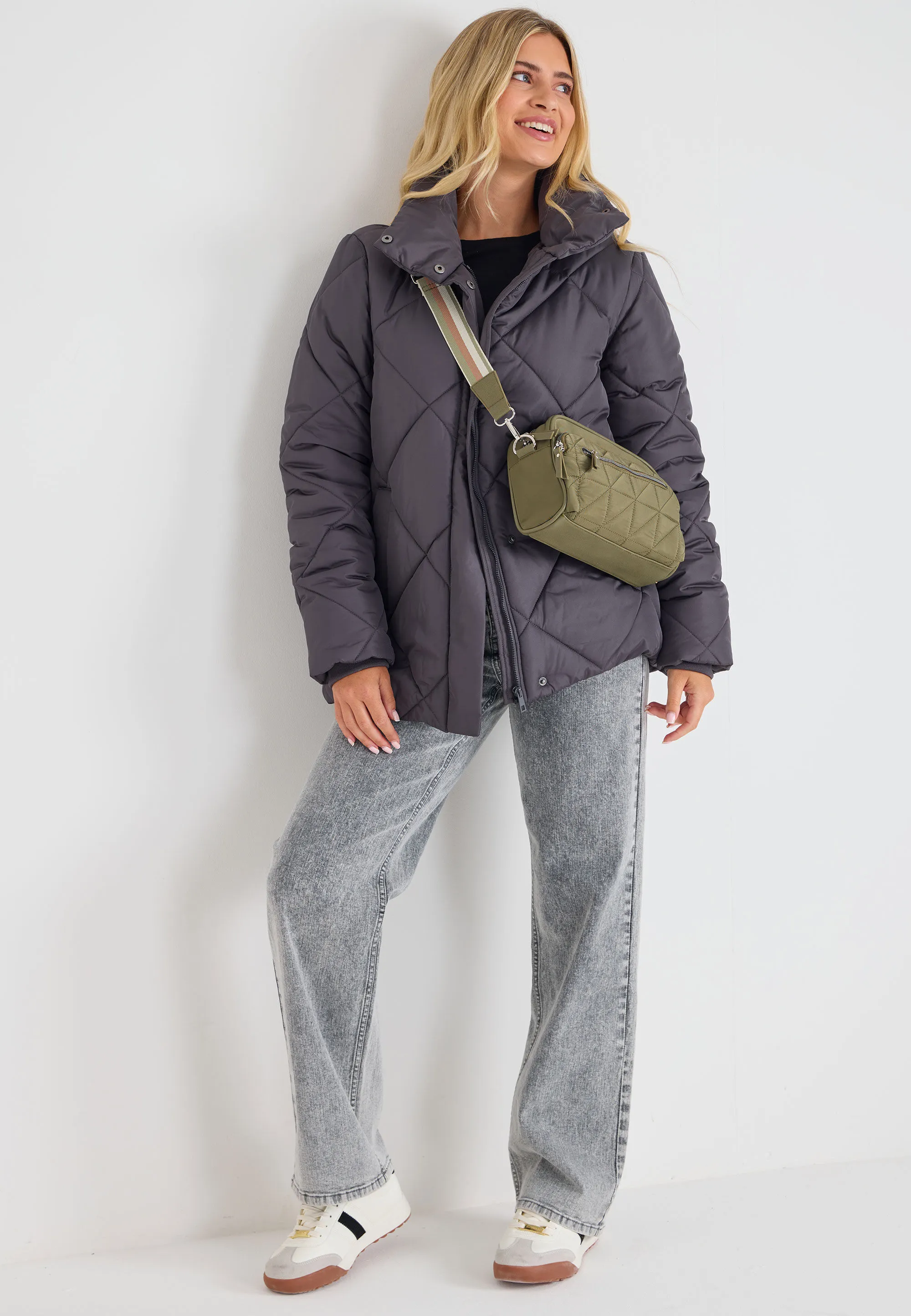 Womens Grey Diamond Quilted Mid Length Coat