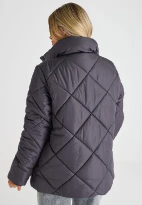 Womens Grey Diamond Quilted Mid Length Coat